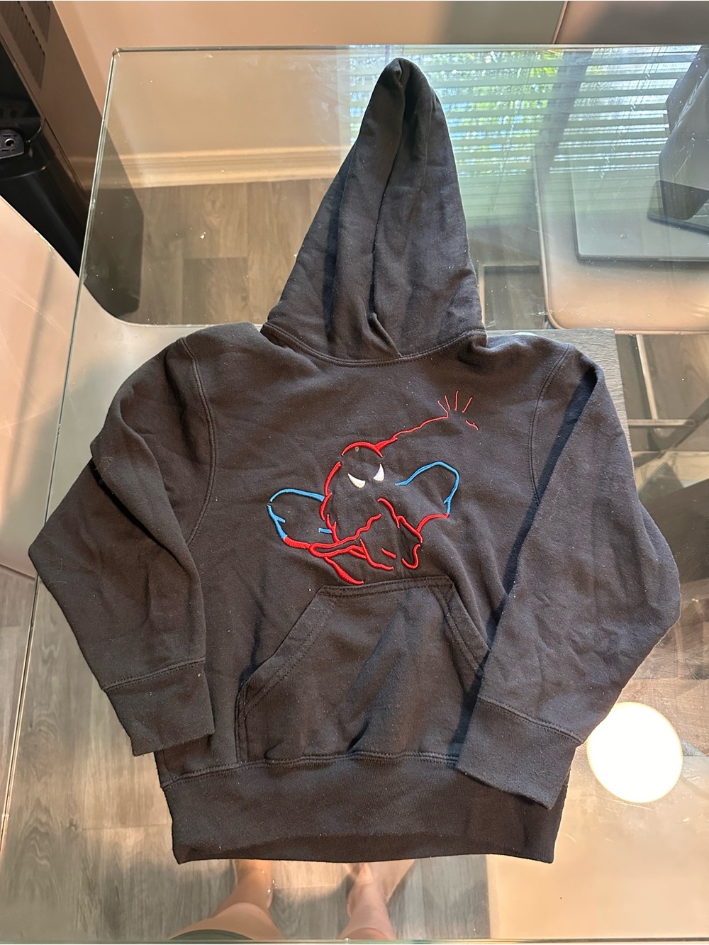 Kids Black Pullover Hoodie with Red & Blue Elephant Outline